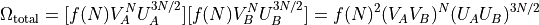 \Omega_\text{total}
  = [f(N)V_A^{N} U_A^{3N/2}]
    [f(N)V_B^{N} U_B^{3N/2}]
  = f(N)^2 (V_A V_B)^N (U_A U_B)^{3N/2}